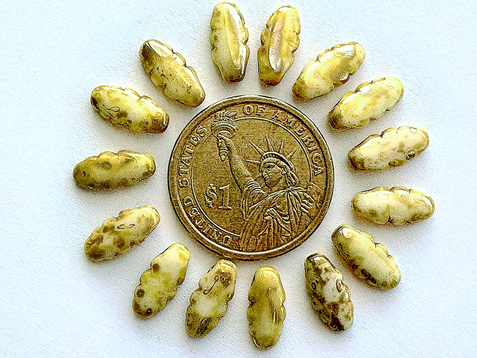 15 pcs Serrated Dagger Beads 6x13 mm, Alabaster Picasso, Czech Glass