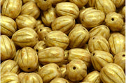 Drop Melon Beads 11x9 mm, Alabaster Herbs Spices Curry with Gold Decor, Czech Glass