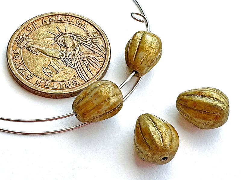 4 pcs Drop Melon Beads 11x9 mm, Alabaster Herbs Spices Curry with Gold Decor, Czech Glass