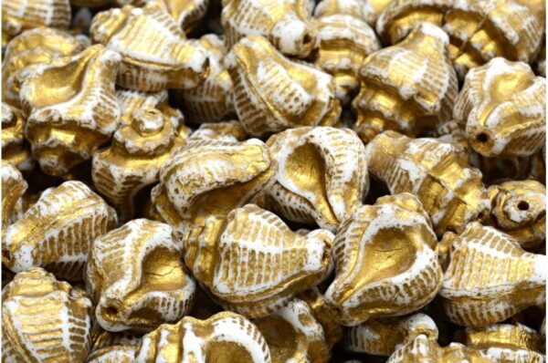Murex Shell Bead 15x12 mm, Alabaster with Gold Decor, Czech Glass
