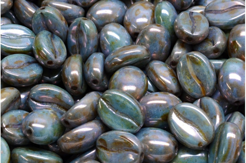 Coffee Bean Beads 11x8 mm, Alabaster Blue Glaze, Czech Glass