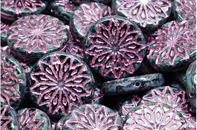 Origami Flower Beads 18 mm, Jet Black Travertine with Fuchsia Streaks, Czech Glass