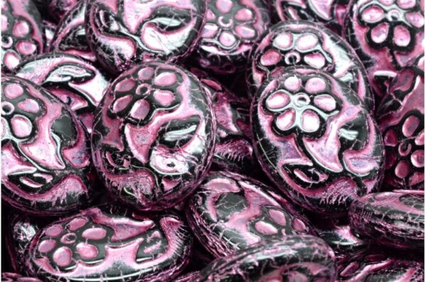 Oval with Flower Beads 21x16 mm, Jet Black with Fuchsia Streaks, Czech Glass