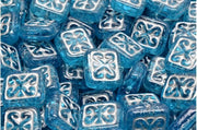 Ornamental Cushion Beads 11x12 mm, Aquamarine with Silver Decor, Czech Glass
