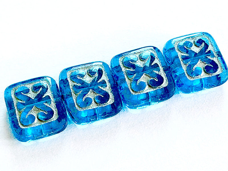 4 pcs Ornamental Cushion Beads 11x12 mm, Aquamarine with Silver Decor, Czech Glass