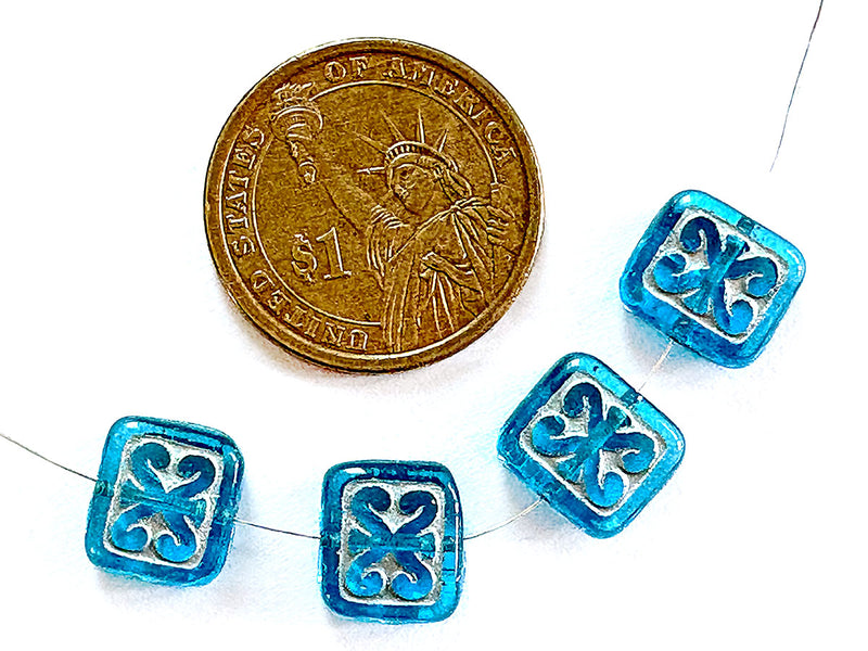 4 pcs Ornamental Cushion Beads 11x12 mm, Aquamarine with Silver Decor, Czech Glass