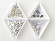 Set of Rosetta 2-hole Cabochons, Round Beads and Pendats , Pastel White White Pearl, Czech Glass