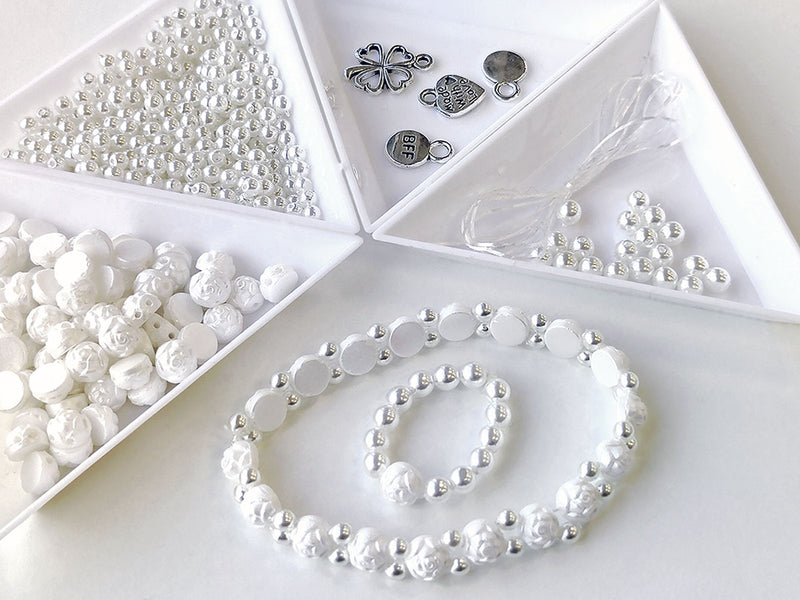 1 pc Set of Rosetta 2-hole Cabochons, Round Beads and Pendats , Pastel White and White Pearl, Czech Glass