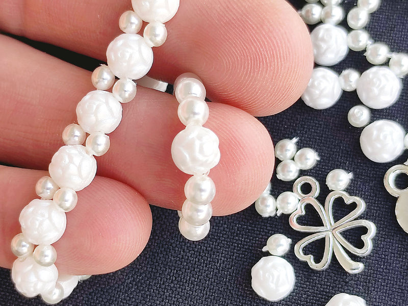 1 pc Set of Rosetta 2-hole Cabochons, Round Beads and Pendats , Pastel White and White Pearl, Czech Glass