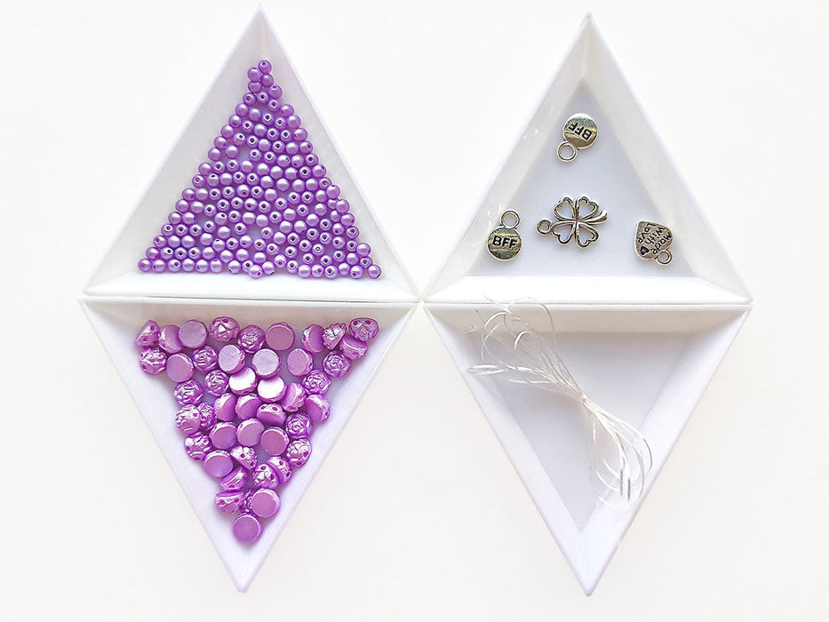 Set of Rosetta 2-hole Cabochons, Round Beads and Pendats , Pastel Lilac Powder Lilac, Czech Glass