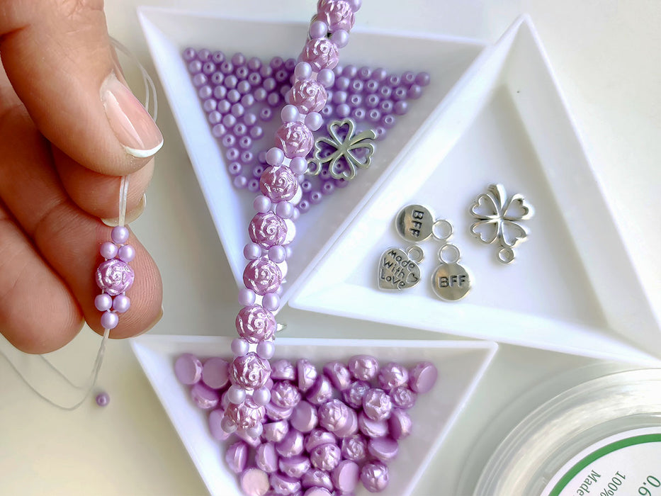 1 pc Set of Rosetta 2-hole Cabochons, Round Beads and Pendats , Pastel Lilac and Alabaster Powder Lilac, Czech Glass