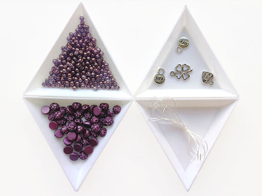Set of Rosetta 2-hole Cabochons, Round Beads and Pendats , Pastel Bordeaux Dark Vega, Czech Glass