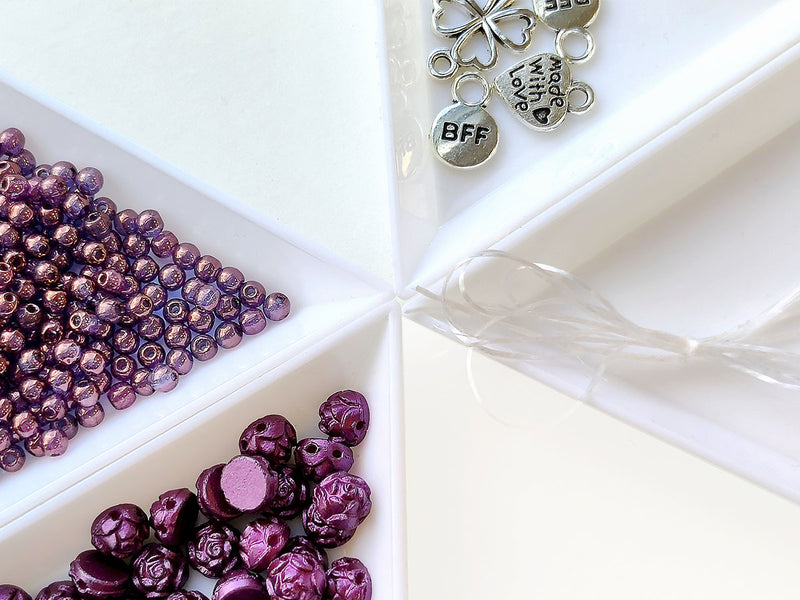 1 pc Set of Rosetta 2-hole Cabochons, Round Beads and Pendats , Pastel Bordeaux and Crystal Dark Vega Luster, Czech Glass