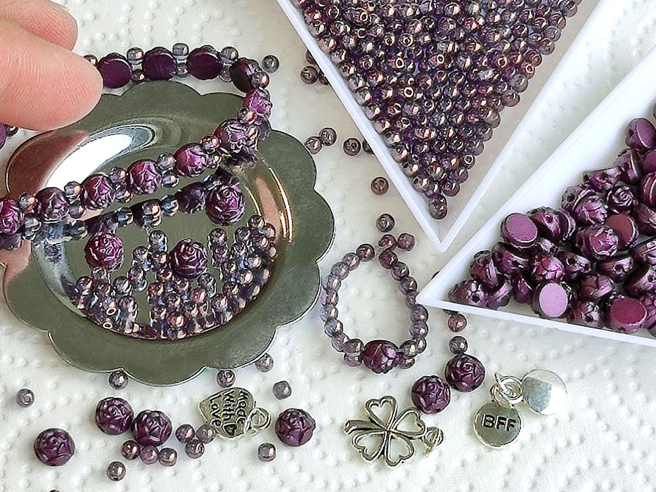 1 pc Set of Rosetta 2-hole Cabochons, Round Beads and Pendats , Pastel Bordeaux and Crystal Dark Vega Luster, Czech Glass
