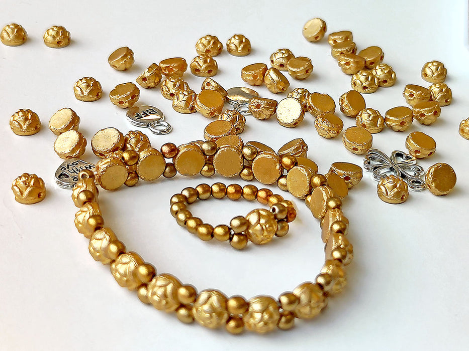 1 pc Set of Rosetta 2-hole Cabochons, Round Beads and Pendats , Metallic Goldenrod and Ancient Gold, Czech Glass