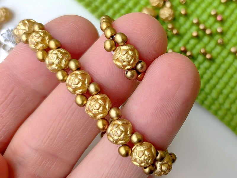1 pc Set of Rosetta 2-hole Cabochons, Round Beads and Pendats , Metallic Goldenrod and Ancient Gold, Czech Glass
