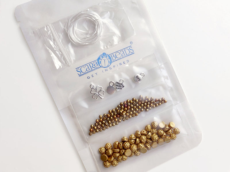 1 pc Set of Rosetta 2-hole Cabochons, Round Beads and Pendats , Metallic Goldenrod and Ancient Gold, Czech Glass