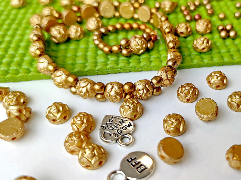 1 pc Set of Rosetta 2-hole Cabochons, Round Beads and Pendats , Metallic Goldenrod and Ancient Gold, Czech Glass