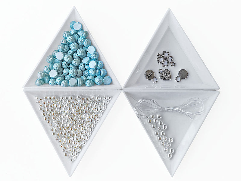 Set of Rosetta 2-hole Cabochons, Round Beads and Pendats , Powder Turquoise White Pearl, Czech Glass