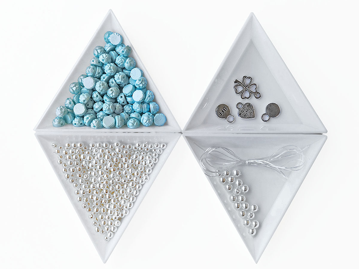 Set of Rosetta 2-hole Cabochons, Round Beads and Pendats , Powder Turquoise White Pearl, Czech Glass