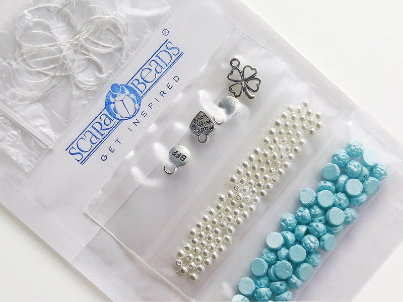 1 pc Set of Rosetta 2-hole Cabochons, Round Beads and Pendats , Alabaster Powder Turquoise and White Pearl, Czech Glass