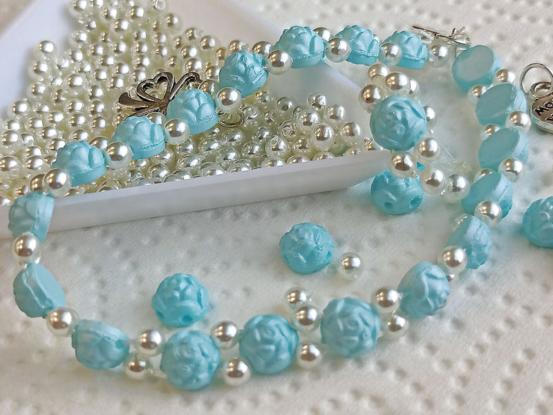 1 pc Set of Rosetta 2-hole Cabochons, Round Beads and Pendats , Alabaster Powder Turquoise and White Pearl, Czech Glass