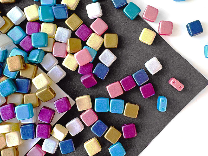 150 pcs Tile Beads 6x6 mm, 2 Holes, Mix, Czech Glass