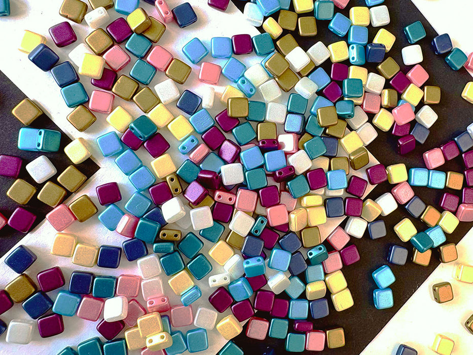 150 pcs Tile Beads 6x6 mm, 2 Holes, Mix, Czech Glass