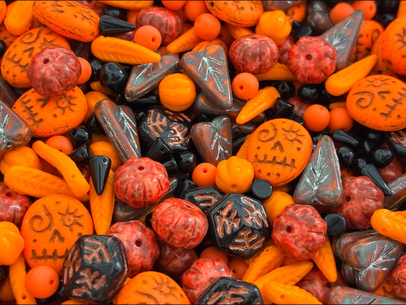 65 g Unique Mix of Czech Glass Beads for Jewelry Making, Beads & Bead assortments. Mixed Shapes and Size , Orange-Black Halloween, Czech Glass