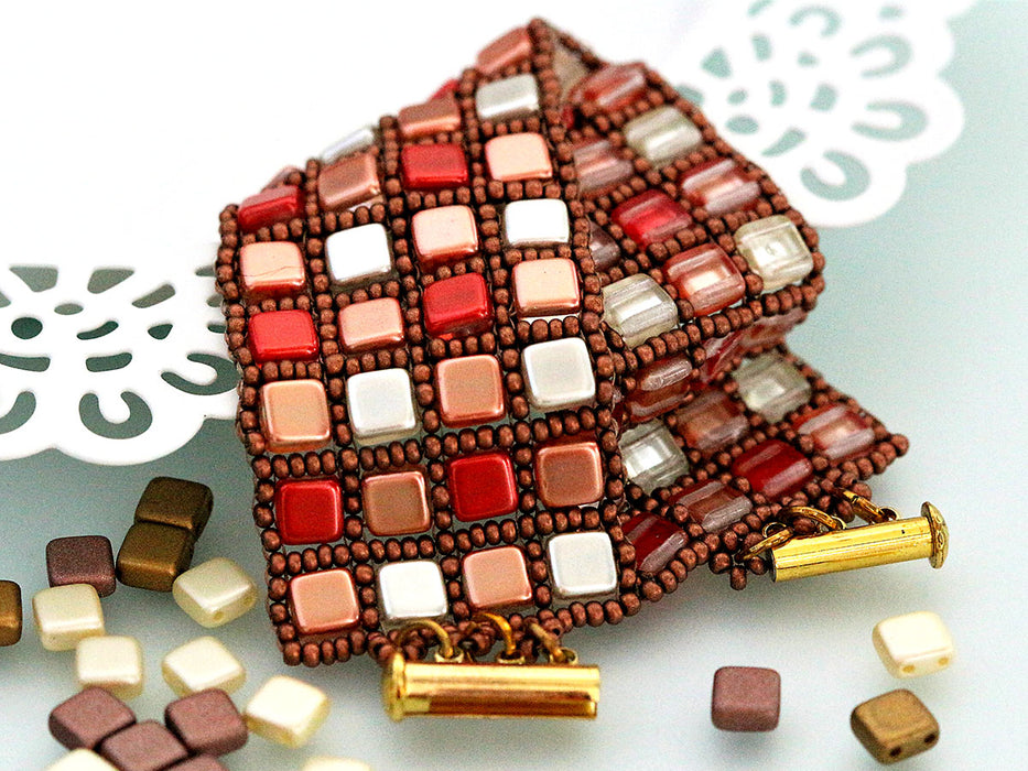 150 pcs Tile Beads 6x6 mm, 2 Holes, Mix Cream Rosaline Bronze, Czech Glass