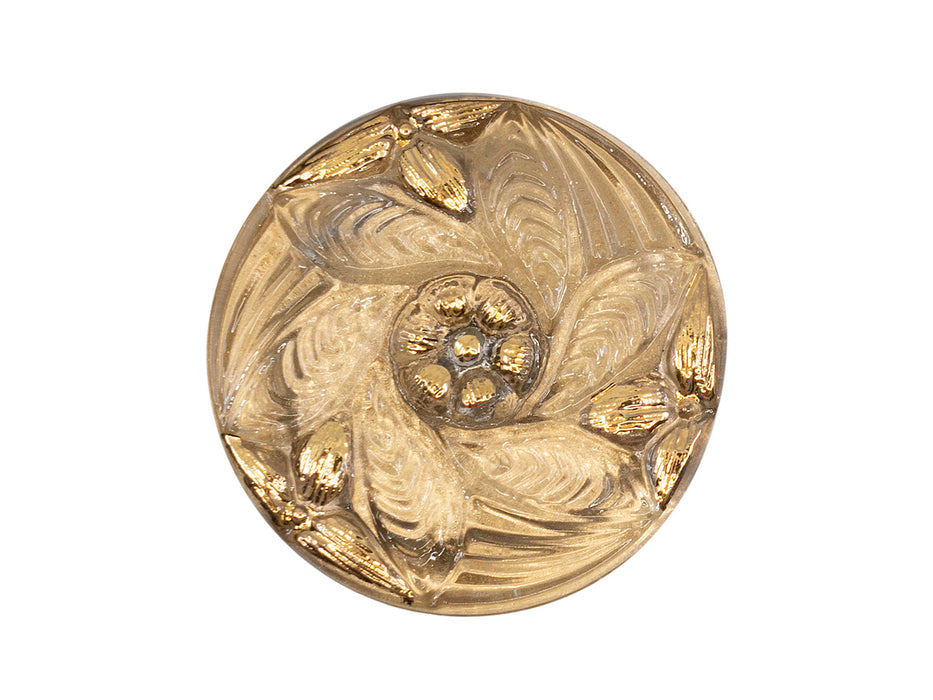 Czech Glass Buttons Hand Painted, Size 12 (27.0mm | 1 1/16''), Transparent Gold Floral Ornament, Czech Glass