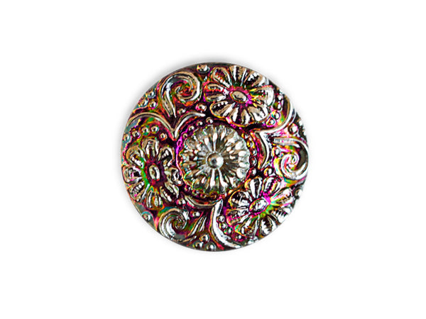 1 pc Czech Glass Button, Rosaline Silver Ornament, Hand Painted, Size 10 (22.5mm)