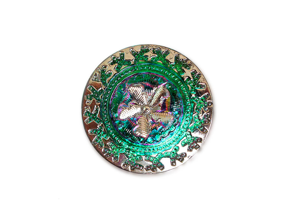 1 pc Czech Glass Button, Green Purple Vitrail Gold Ornament, Hand Painted, Size 10 (22.5mm)