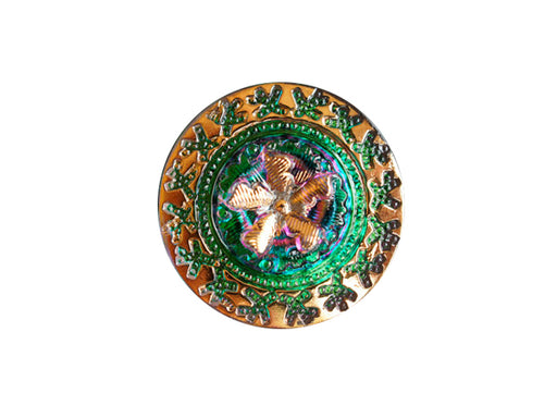 1 pc Czech Glass Button, Green Vitrail Gold Ornament, Hand Painted, Size 10 (22.5mm)