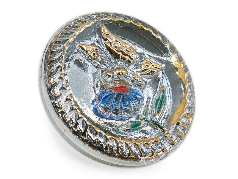 1 pc Czech Glass Button Hand Painted, Size 10 (22.5mm | 7/8''), Aluminum Silver, Czech Glass