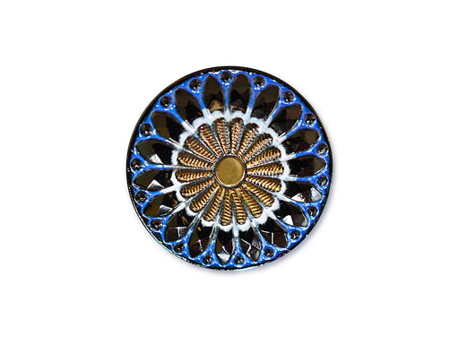 1 pc Czech Glass Button, Black Blue White Ornament Gold Flower, Hand Painted, Size 10 (22.5mm)