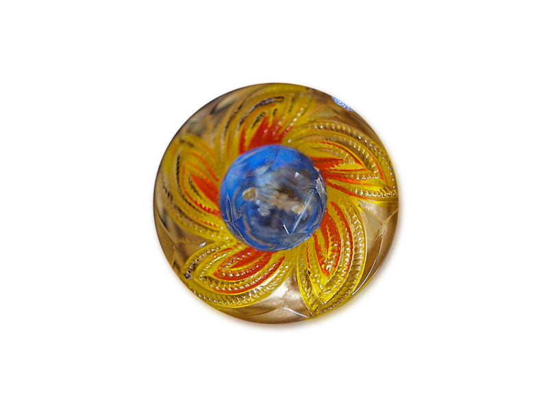 1 pc Czech Glass Button, Yellow Blue, Hand Painted, Size 10 (22.5mm)