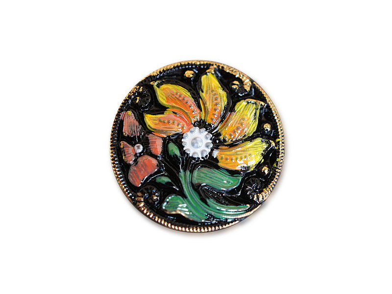 1 pc Czech Glass Button, Black Flower, Hand Painted, Size 10 (22.5mm)