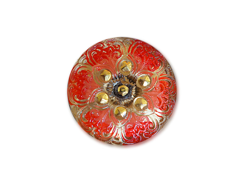 1 pc Czech Glass Button, Crystal AB Red Ornament with Gold, Hand Painted, Size 10 (22.5mm)