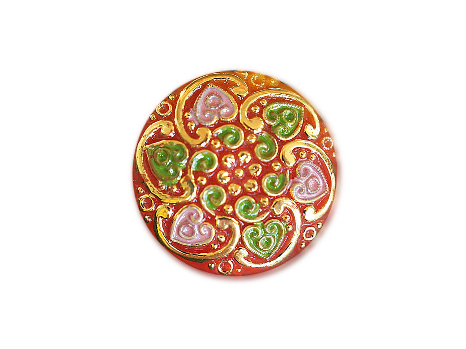 1 pc Czech Glass Button, Red Gold Dragonfly, Hand Painted, Size 10 (22.5mm)
