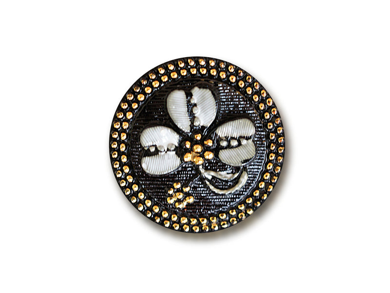 1 pc Czech Glass Button, Black Gold White Clover, Hand Painted, Size 10 (22.5mm)