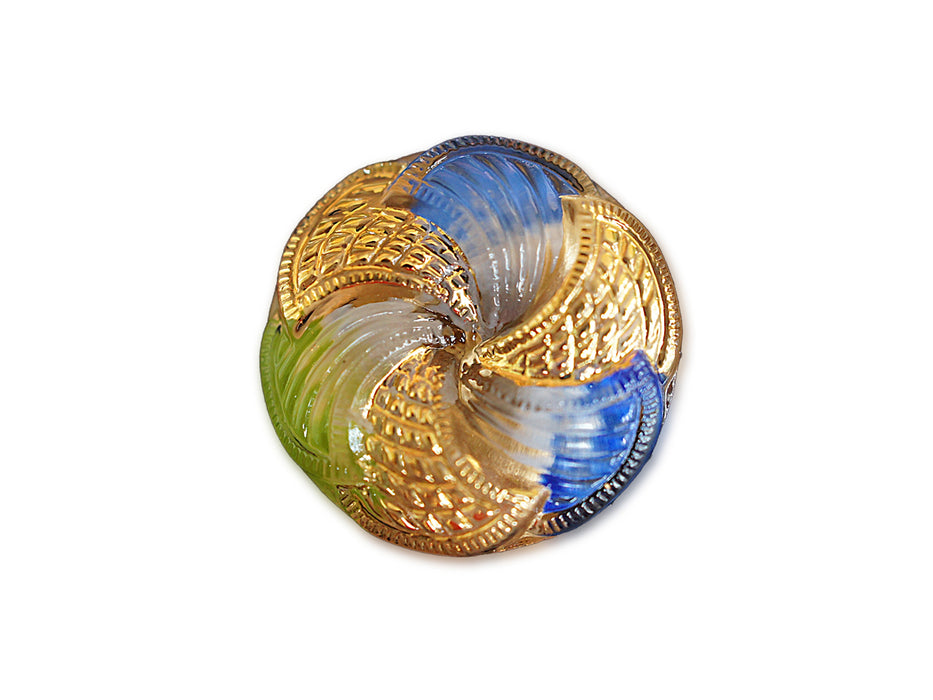 1 pc Czech Glass Button, Golden Blue Green, Hand Painted, Size 10 (22.5mm)
