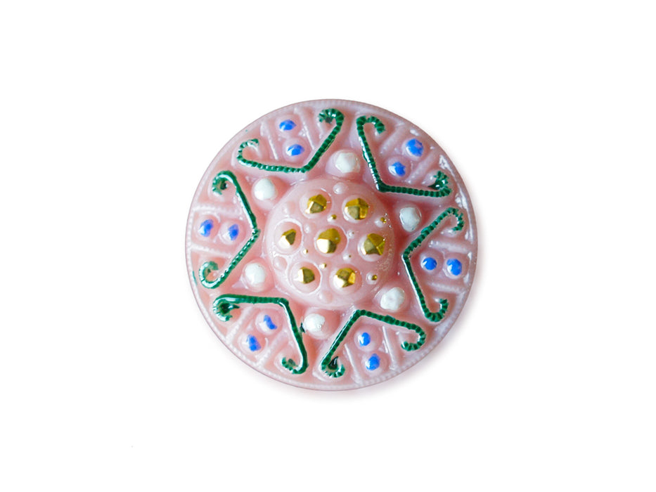 1 pc Czech Glass Button, Light Pink Opal Blue Green Gold Ornament, Hand Painted, Size 10 (22.5mm)