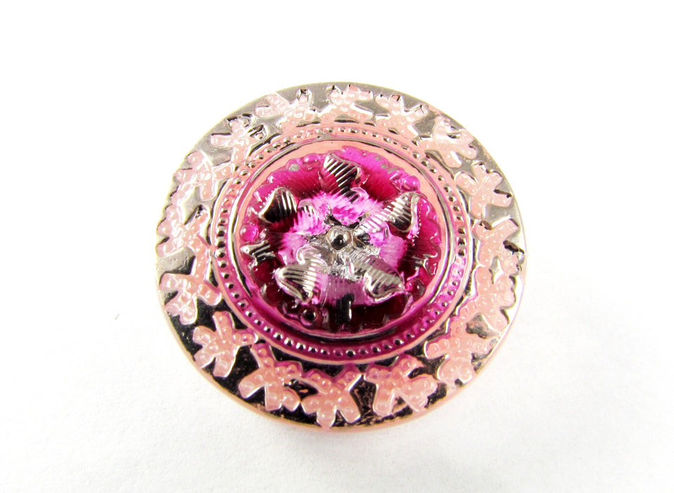 Czech Glass Button Pink Silver Hand Painted Size 10 (22.5 mm) Pink Silver