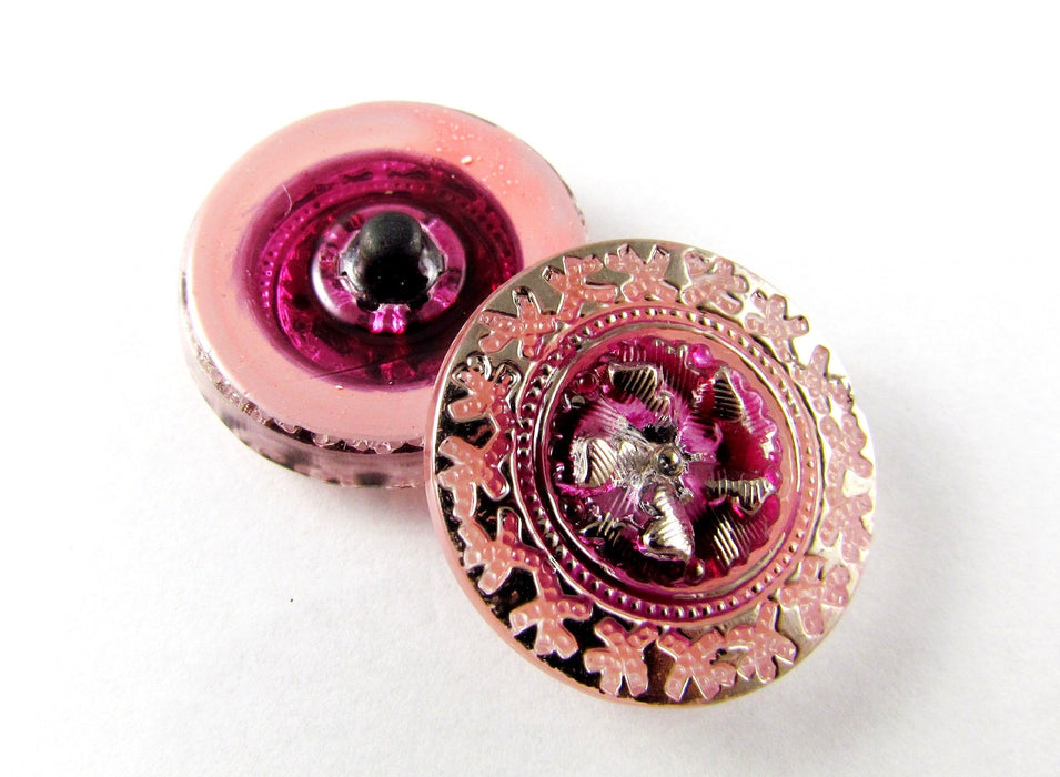 1 pc Czech Glass Button, Pink Silver, Hand Painted, Size 10 (22.5 mm)