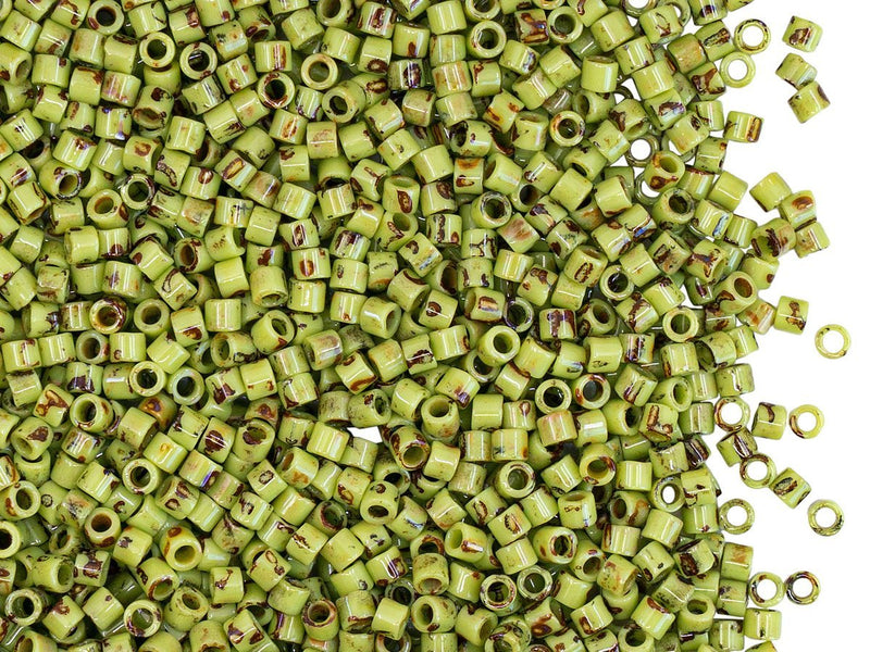 5 g 10/0 Miyuki Delica, Opaque Chartreuse Picasso, Japanese Seed Beads