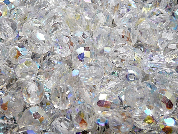 10 pcs Fire Polished Faceted Round Beads, 10mm, Crystal AB, Czech Glass