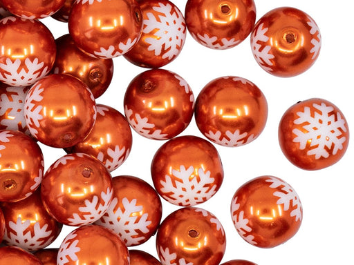 Round Beads 10 mm, Copper Orange Pearl with Snowflake, Czech Glass