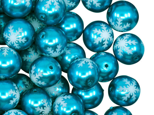 Round Beads 10 mm, Blue Pearl with Snowflake, Czech Glass