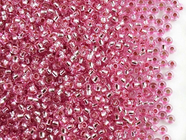 20 g 10/0 Seed Beads Preciosa Ornela, Pink Transparent Silver Lined, Czech Glass